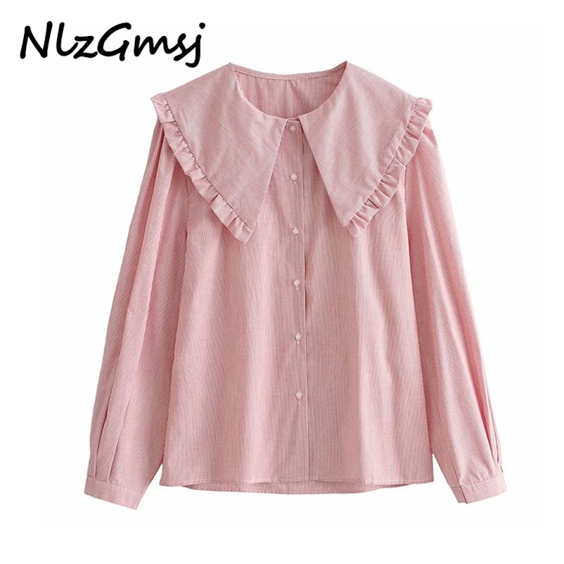Blouse Women Sweet Pink Striped Ruffles Winter Peter Pan Collar Long Sleeve Tops Shirt Button Top 210628, As picture
Blouse Women Sweet Pink Striped Ruffles Winter Peter Pan Collar Long Sleeve Tops Shirt Button Top 210628, As picture