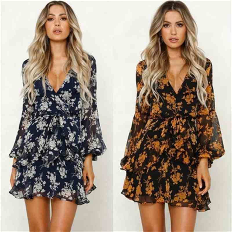 women's long sleeve print low cut v-neck bandage dress in spring and autumn of 2019, Black;gray
women's long sleeve print low cut v-neck bandage dress in spring and autumn of 2019, Black;gray