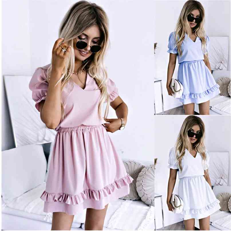 Solid Color Women Casual Summer Ruffles Mini Dress Fashion V Neck Short Sleeve Elastic Waist A line Elegant Party 210603, Light blue
Solid Color Women Casual Summer Ruffles Mini Dress Fashion V Neck Short Sleeve Elastic Waist A line Elegant Party 210603, Light blue