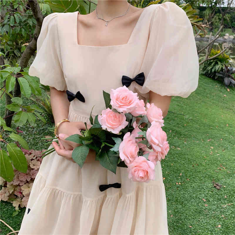 Elegant Square Collar Women Solid Chiffon Puff Sleeve Dresses Korean Fashion Sweet Bow Vintage Fairy Party Dress Vestidos 210518