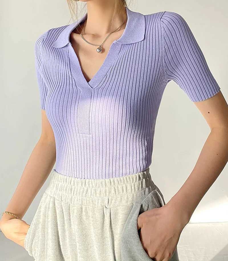 Solid Knitted Short Sleeve T-shirt for Women's Spring Summer Polo Collar Slim 210615Z