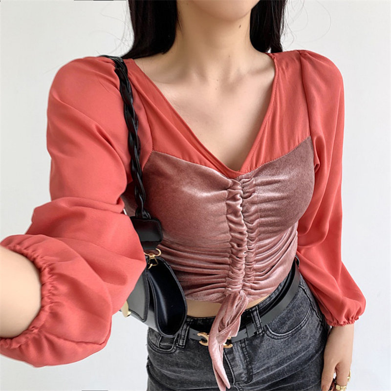 High Waist Autumn V-Neck Lantern Sleeves Slim Velvet Women Sexy Female Basic Brief Tops T-shirt 210421