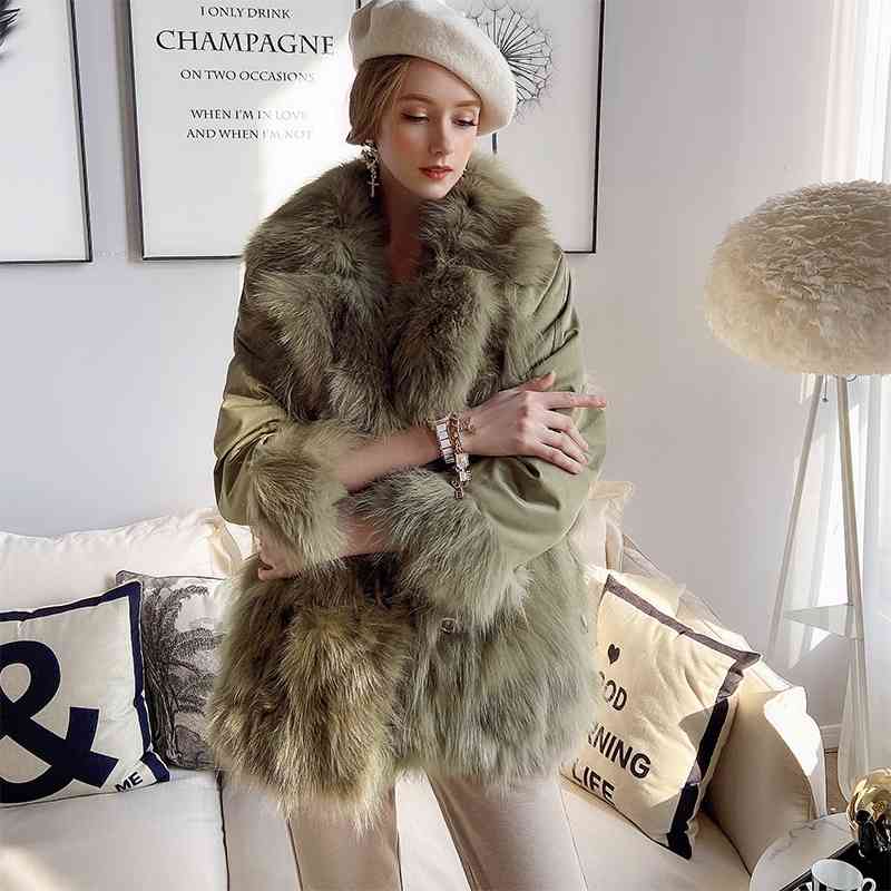 Dabuwawa Thick Warm Raccoon Dog Fur Jacket Coat Women Double Breasted Jacket Female Overcoat Casual Winter Coat Ladies DT1DPK009 210520