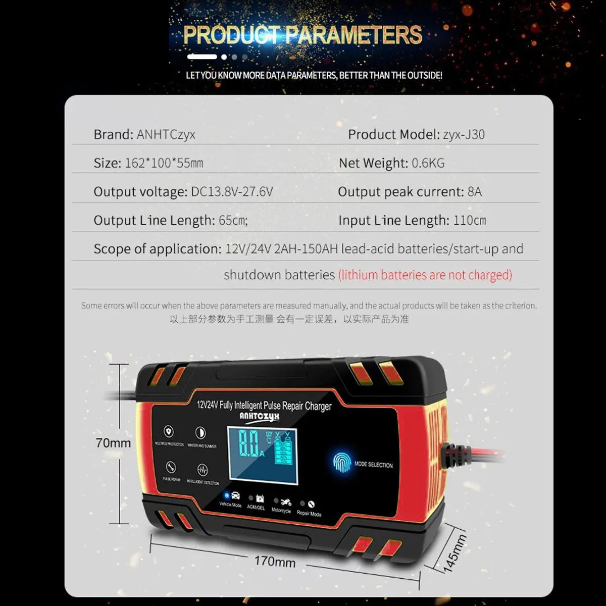 12V/24V 8A Touch Screen Pulse Repair LCD Battery Charger Red For Car Motorcycle Lead Acid Battery Agm Gel Wet - US Plug