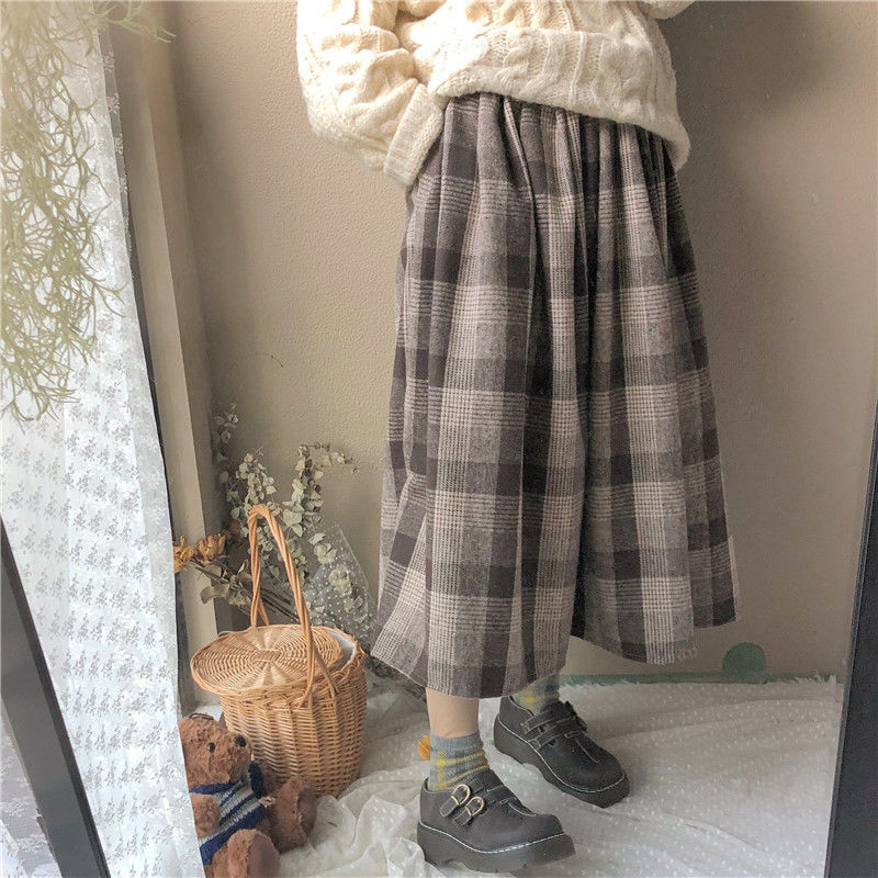 High Waist Vintage Plaid Midi Skirts Saia Mori Girl Cute Pleated Skirts Lolita Autumn Winter Women Skirt 210408