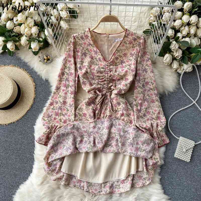 Floral Dress Woman Spring Robe Drawstring Pleated Slim Vestidos Mujer V-neck Sweet Vintage Dresses Women Clothing 210422