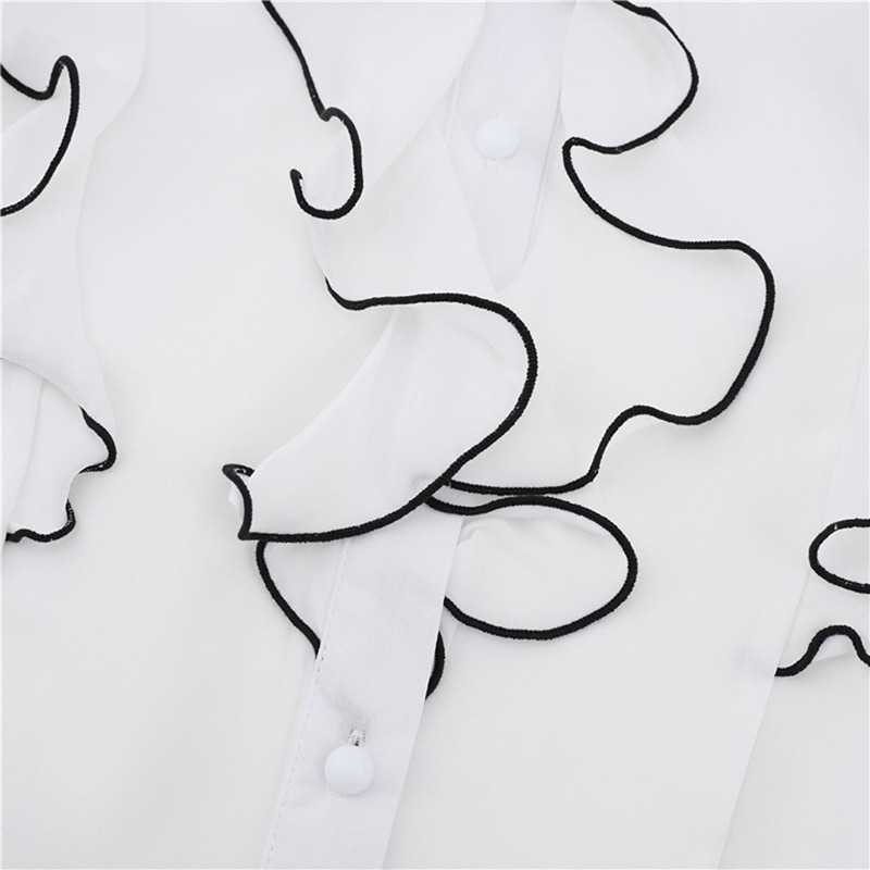 Spring Summer Stand Neck Cascading Ruffle Long Sleeve Blouse Solid Chiffon Casual Shirt Elegant Fashion Women Clothing 210525