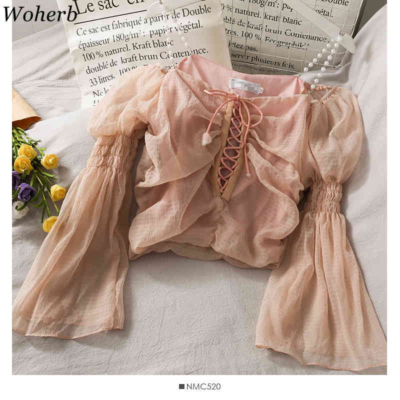 Bandage Pleated Blouse Women Sexy Off Shoulder Tops Solid Sweet Cute Shirt Summer Elegant Ladies Mesh Blusas 210519