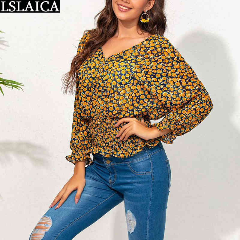 Women Shirts Blouses Fashion Floral Print Long Sleeve V Neck Female Tops Sexy Plus Size Autumn Casual Office Lady Blusas 210520