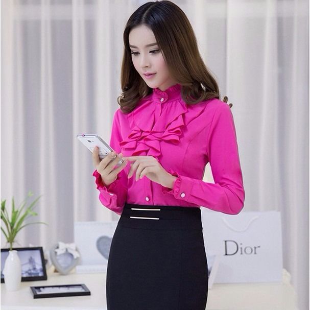 Spring Autumn Korea Fashion Office Lady Chiffon Shirt All-matched Casual Ruffles Stand Long Sleeve White Blouse Plus Size D187 210512