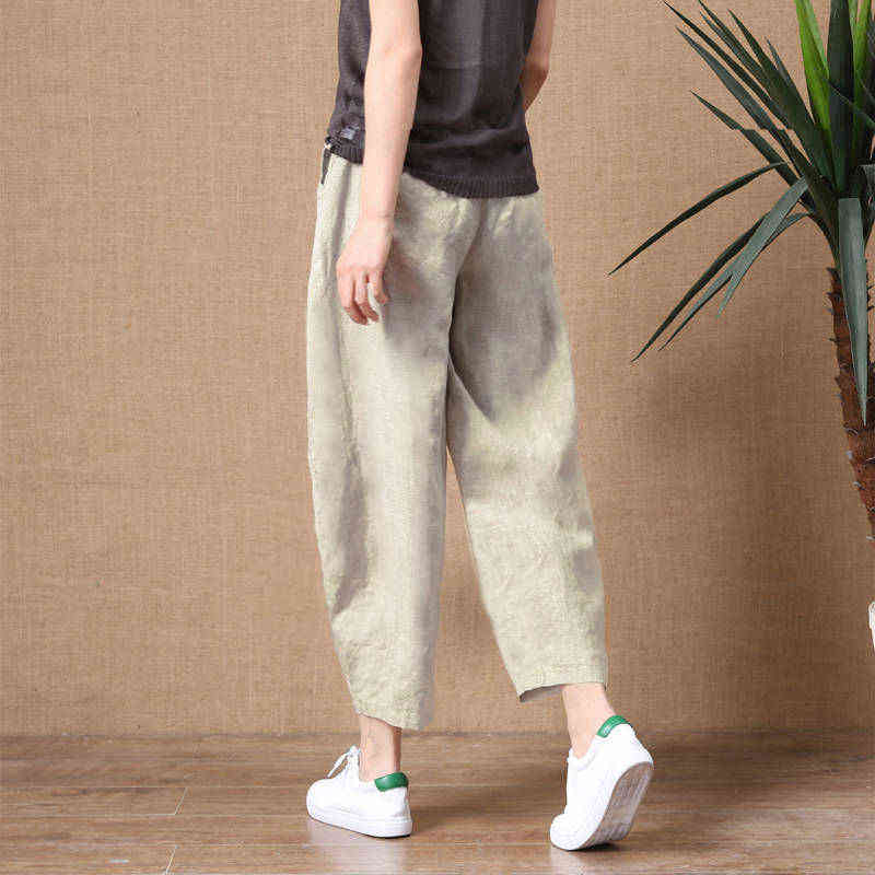ShiMai Women's Cotton Linen Pants Elastic Waist Vintage Trousers Lady Loose Casual S2XL Retro Literary 211124Z