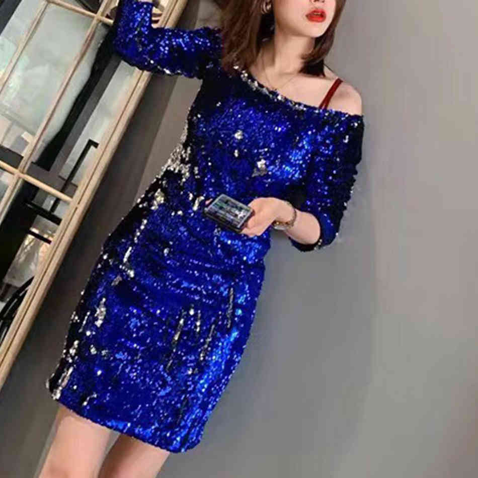 Autumn Sequins Mini Dress Strapless Ladies Halter Long Sleeve Sexy Nightclub Clothing Fashion Bodycon Back Zip 210524