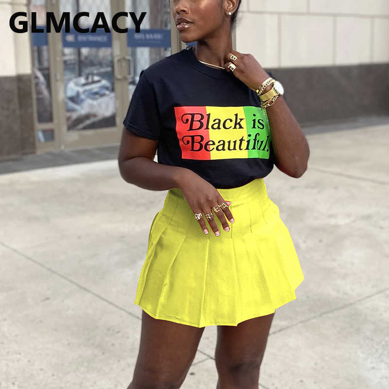 Two Piece Casual Dress Suits Short Sleeve Letter Printed T Shirt & Pleated Mini Skirt Set 210702