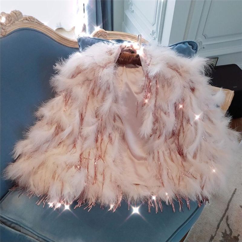 Women's Fur & Faux 2021 Fall Winter Jacket Women Fashion Sequins Tassel Imitation Ostrich Feathers Luxurious Outerwear Ladies Coat Ins