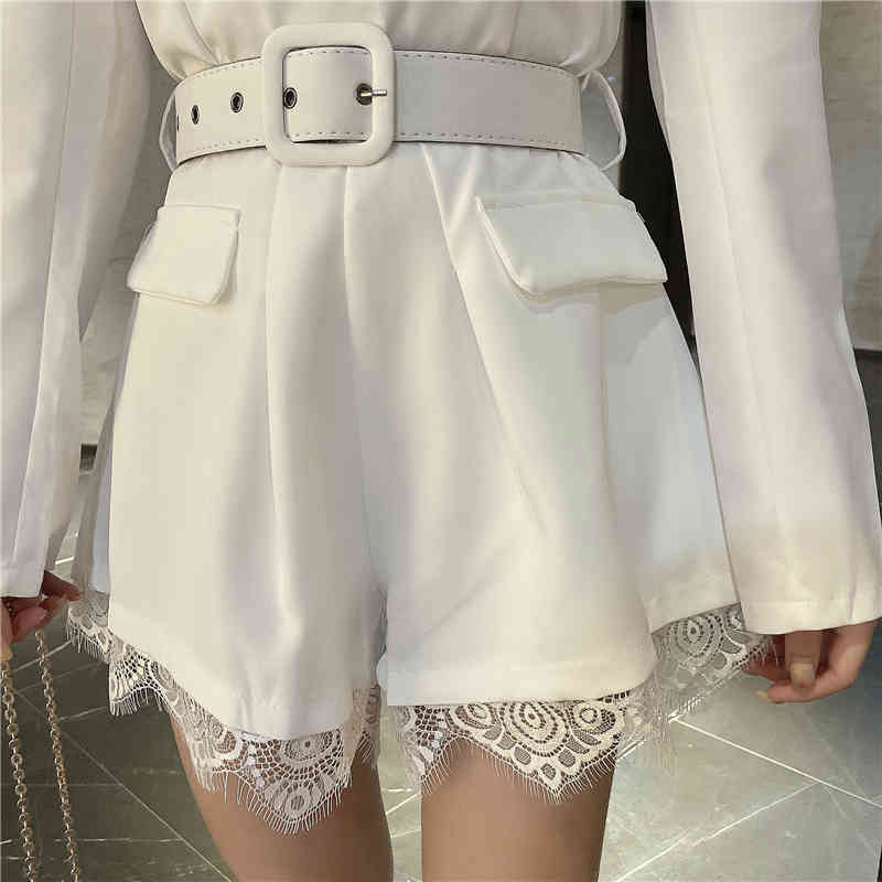 Summer Korean Women Elegant Solid Jumpsuit Lace Long Sleeve V Neck Office Lady Short Wide leg Bodysuit With Belt 210519