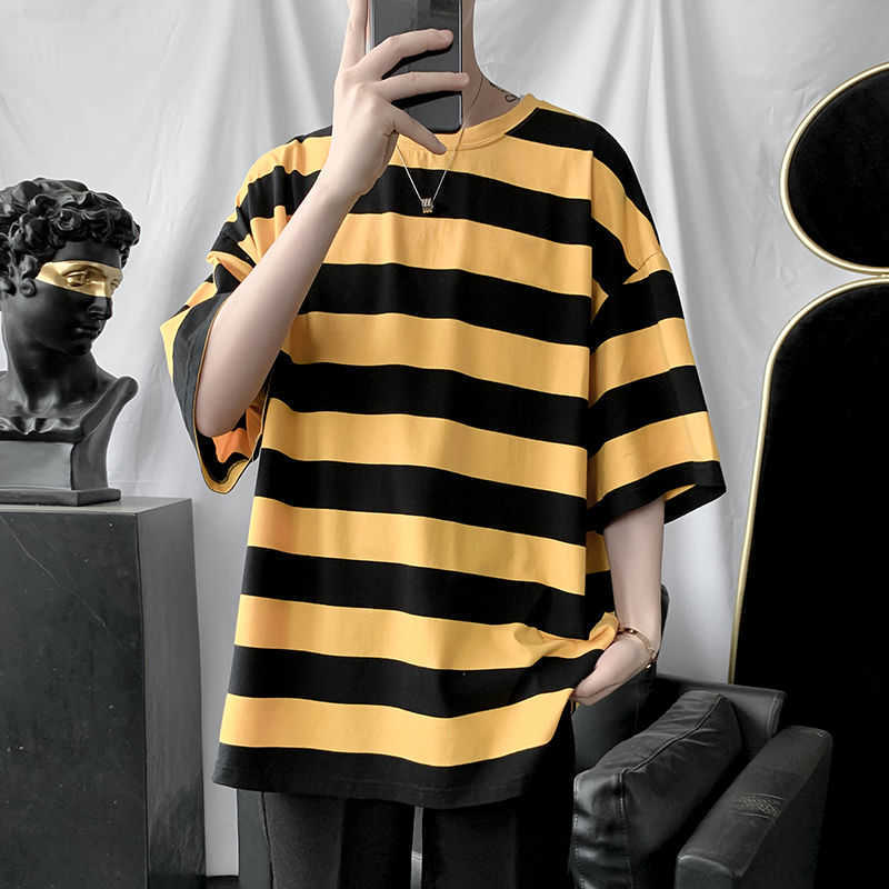 Men's Short Sleeve T-shirt Explosions Large Summer Multicolor Loose Stripes Casual 210629
