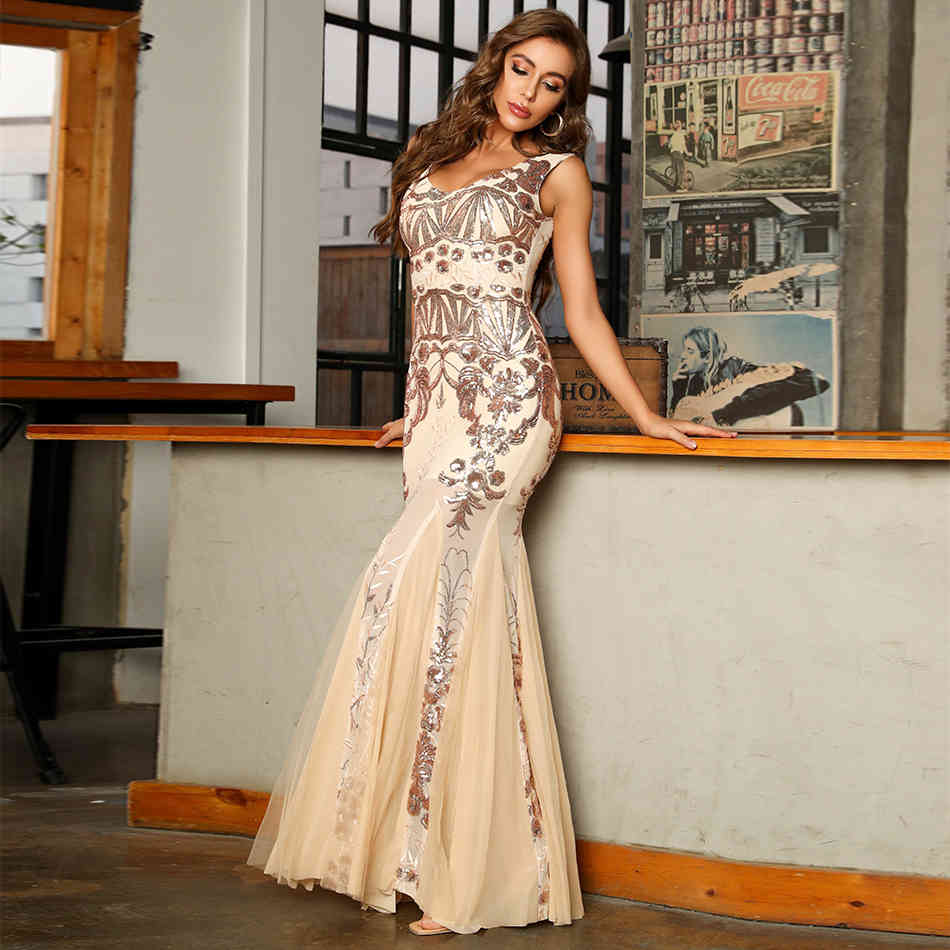 Summer Tank V Neck Maxi Dress For Women Sexy Gold Sequins Floor Length Celebrity Evening Party Club Long Dresses 210423