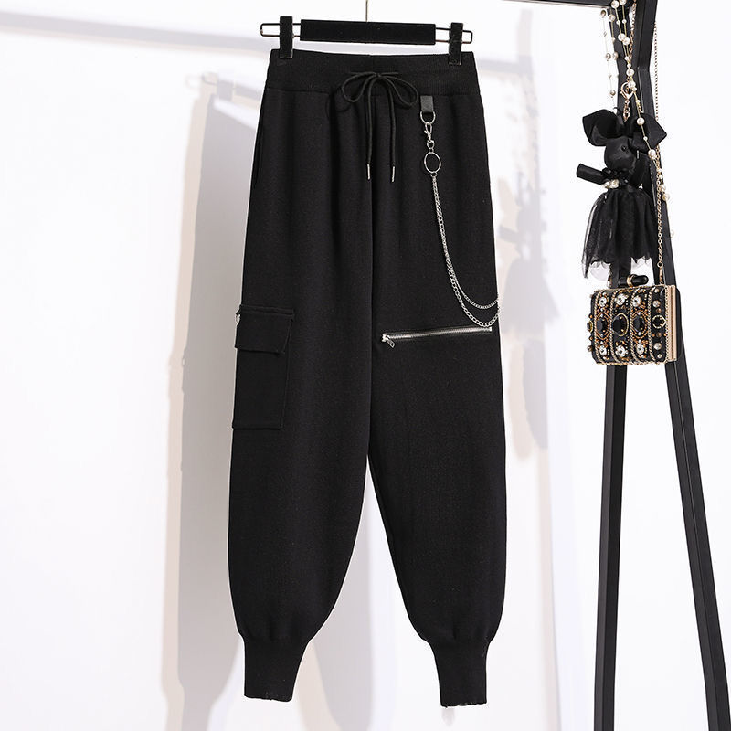 Nomikuma Chain Zipper Hole Women Knitted Harem Pants Lace Up High Waist Cargo Trousers Autumn Winter New Sweater Pants 6C665 210427