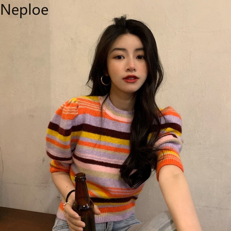 Neploe Women's T-shirts Casual O-Neck Knitted Pullover Korean Clothes Tees Contrast Color Striped Puff Sleeve Slim Rainbow Tops 210422