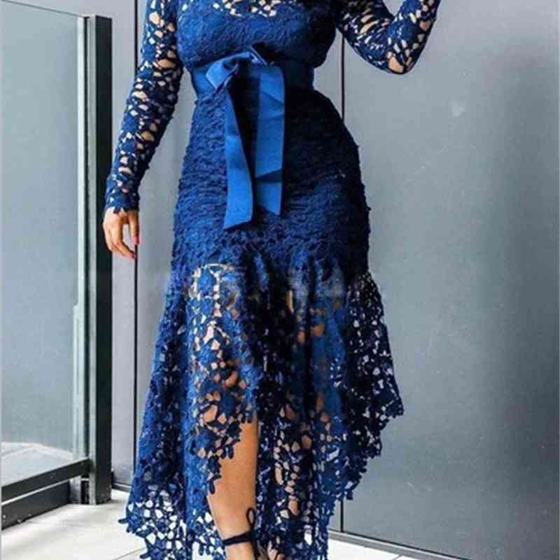 Women Dress Irregular Lace Long Sleeve Hollow Out Up Maxi es High Waist Slim Thin Sexy Bohemian es 210513