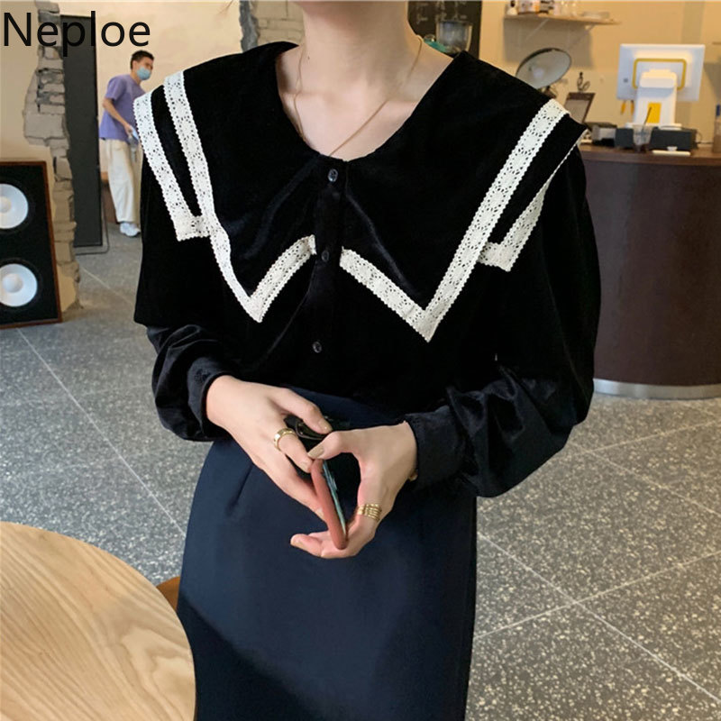 Neploe Vintage Temperament Shirts Women Blouses Long Sleeve Velvet Blouses Lace Tops Korean Chic Clothes Fashion Blusas 210422