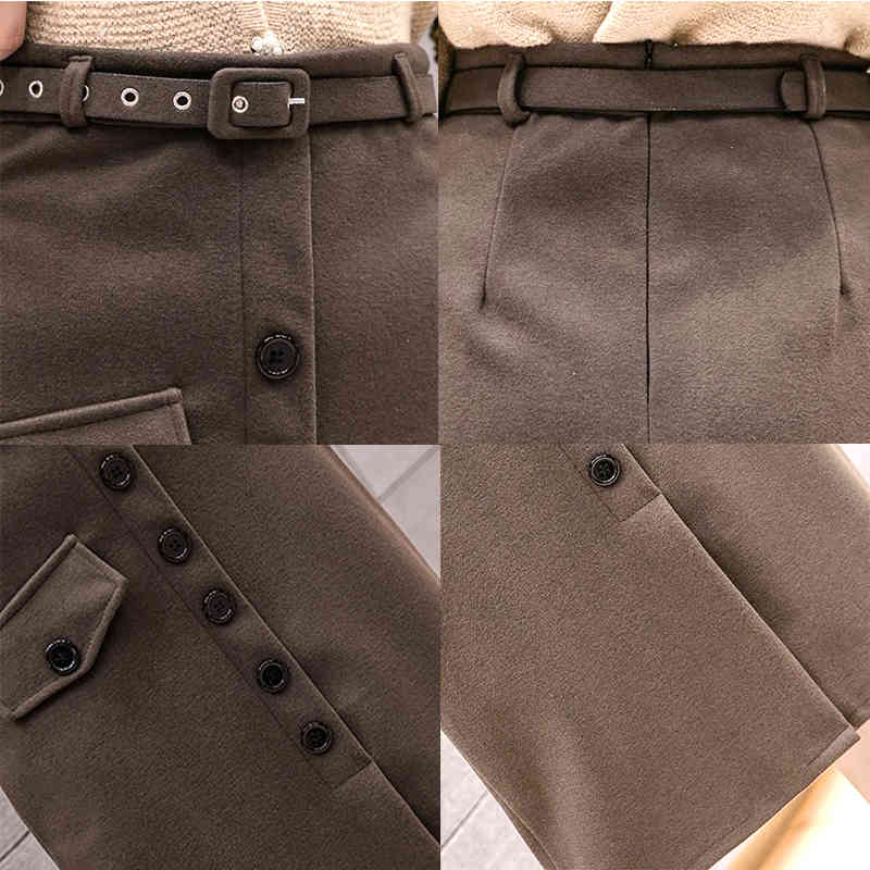 Autumn Korean Wool Vintage Midi Skirt A-Line Button s Womens Winter Black Casual Long Faldas Mujer 12133 210512