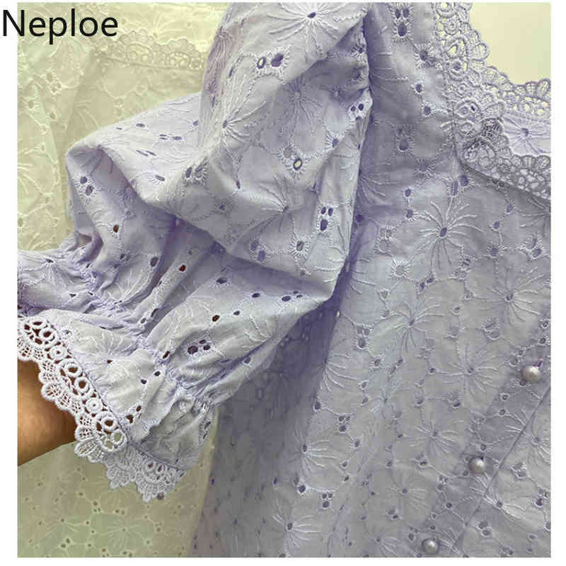 Neploe Women Blouse Embroidery Lace Square Collar Pearl Button Shirt Summer Vintage Tops Hollow Out Casual White Blusas Mujer 210422