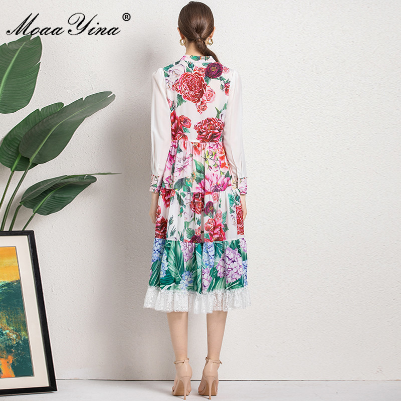 Fashion Runway Summer Dress Women Long sleeve Single-breasted Flower Print Lace Splicing Elegant Party Midi 210524