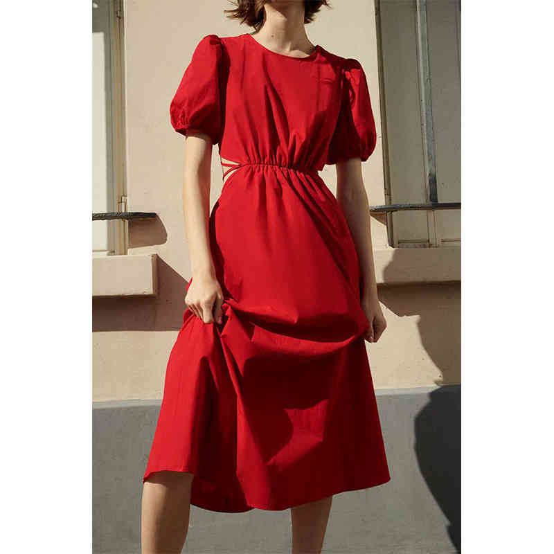 Fashion Women Sexy Hollow Out Red Dress Female O Neck Puff Sleeve A-line Summer Party Dresses Chic Midi Vestido 210430