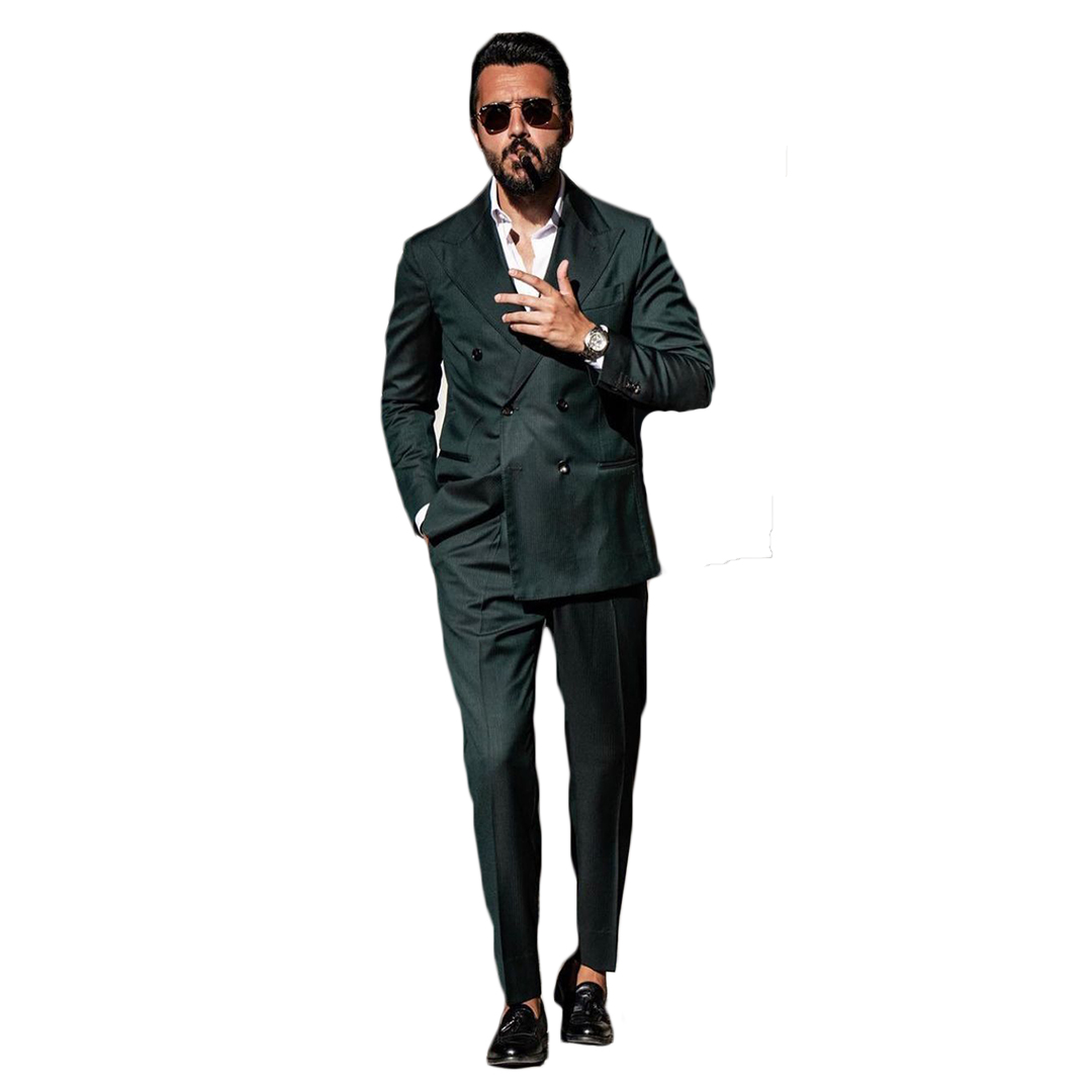 Tailored Mens Business Tuxedos Dark Green Double Breasted Men Pant Suit Prom Party Wedding Suits Outfit (Jacket+Pants)