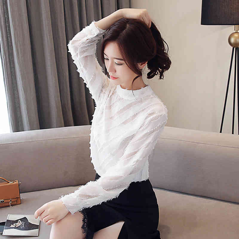 Fashion Autumn Chiffon Women Blouses Solid White Tops Long Sleeve Standing Collar Elegant Clothing 5588 50 210427