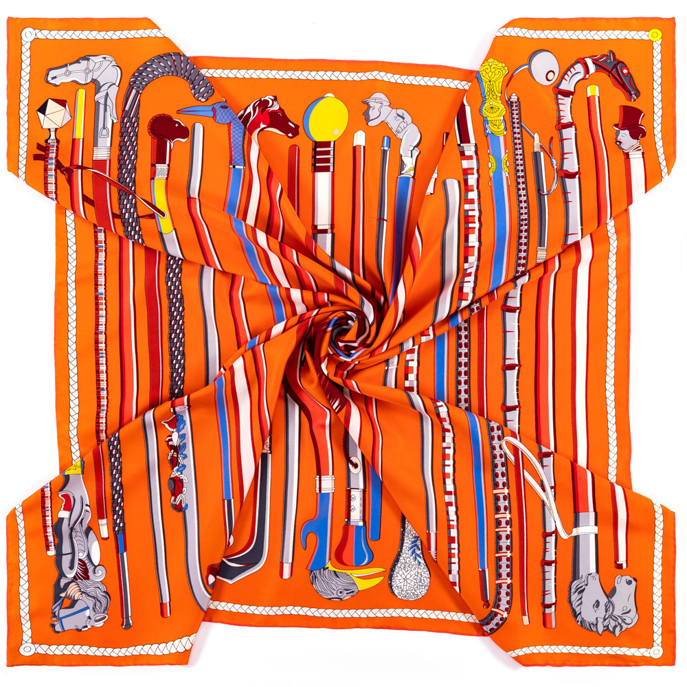 90cm New Handmade Crimping Silk Scarf Women Twill Square Gem Scepter Printing Shawl Turban