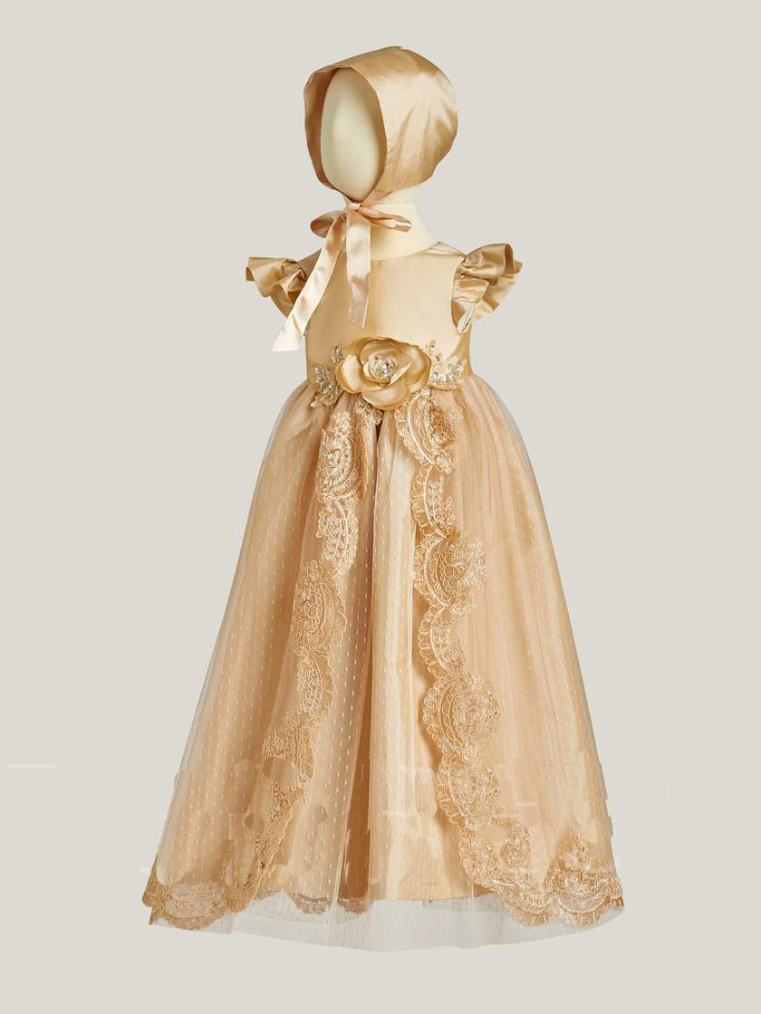 First Communion Dresses Short Sleeve Christening Dress For Baby 3D Flowers Lace Appliqued Beads Baptism Gown With Bonnet