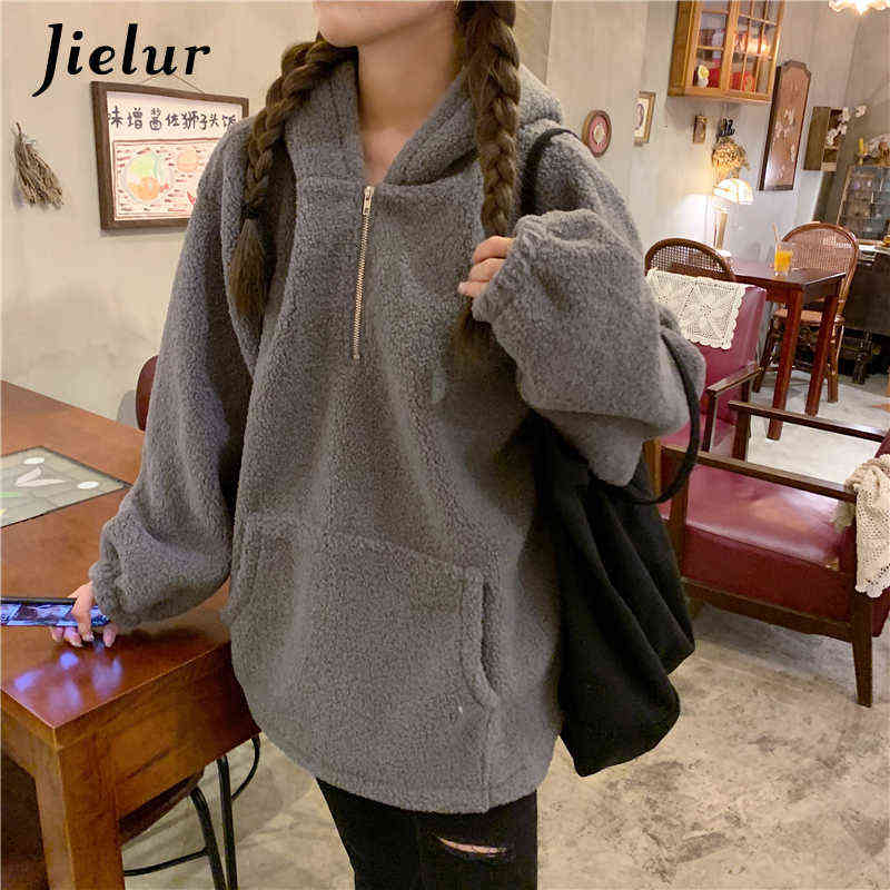 Jielur Lamb Cashmere Winter Women Hoodies Sweatshirt Fashion Warm Pockets Zipper Hooded Apricot Gray Pink Pullover M-XL 211109