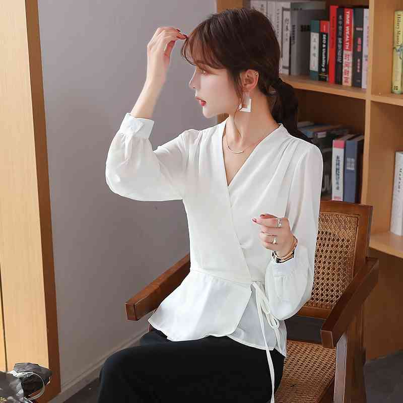 Blusas Blouses Femme Long Sleeve White Blouse Chiffon Blouse Shirt Tops Women Blusas Mujer De Moda V-Neck Blouse Women E750 210602