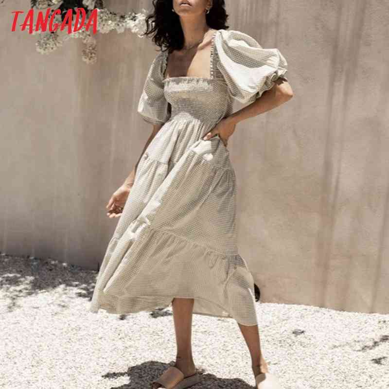 Fashion Women Green Plaid Print Summer Vintage Puff Short Sleeve Back Bow Ladies Midi Dress 8M19 210416
