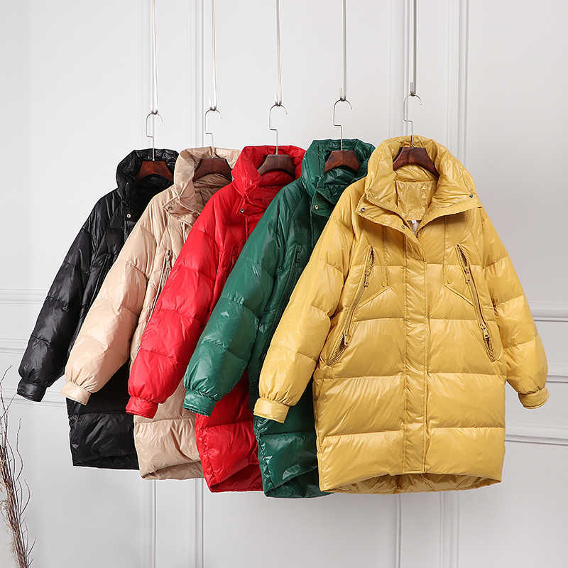 Fitaylor White Duck Down Jacket Woman Stand Collar Long Coat Winter Loose Waterproof Down Overcoats Loose Parka Snow Outerwear 211007