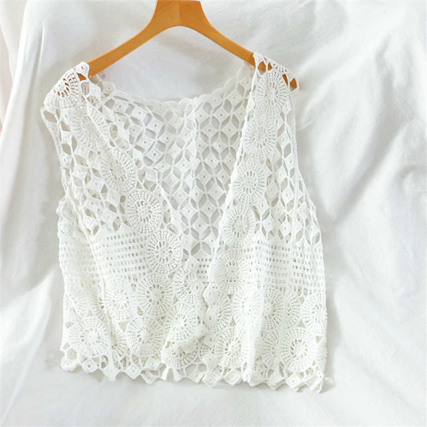 Spring Summer Sexy Hollow Out Lace Top Vest Crochet Sleeveless Waistcoat Women Open Stitch Short Outwear Chalecos Para Mujer 210819
