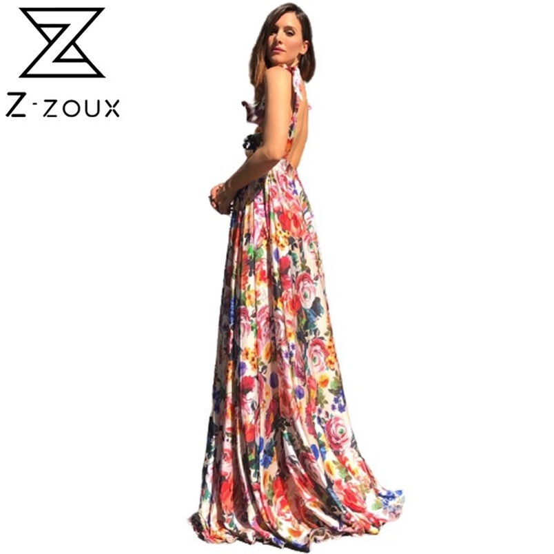 Women Dress V Neck Sleeveless Print Bohemia es Sexy Long Floral Maxi Backless Large Hem Summer es 210513