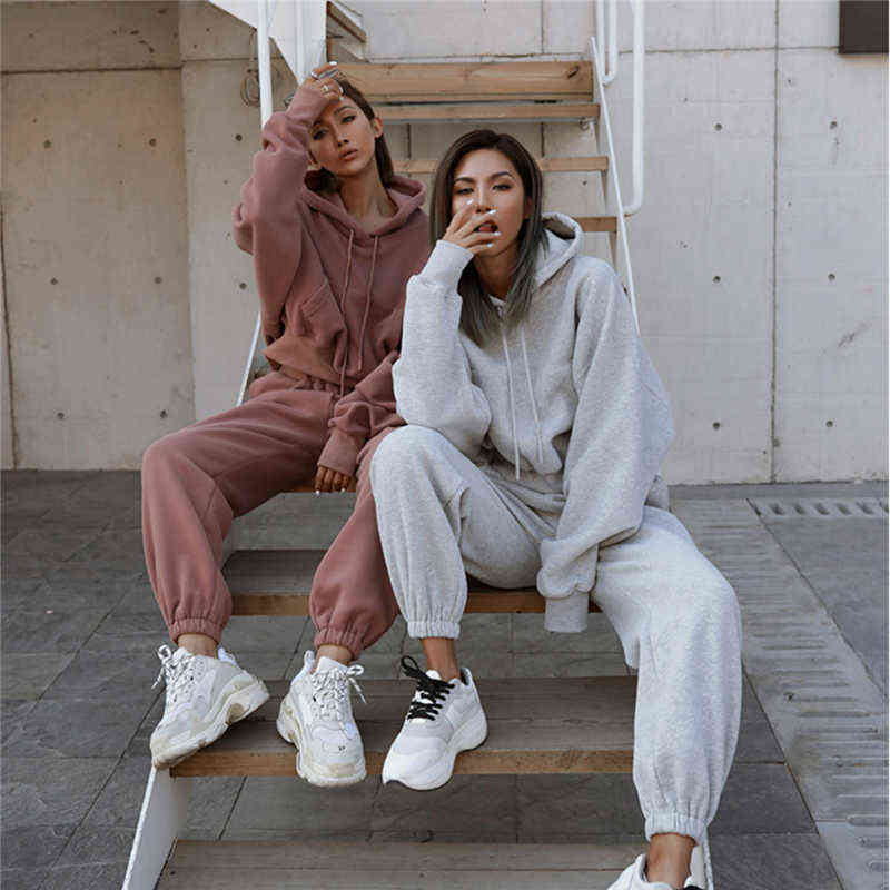 Solid Tracksuit Women Two Piece Set Autumn Winter Clothes Hooded Oversized Sweatshirt Top Sweatpants Sports Jogging Suit Outfits 211126