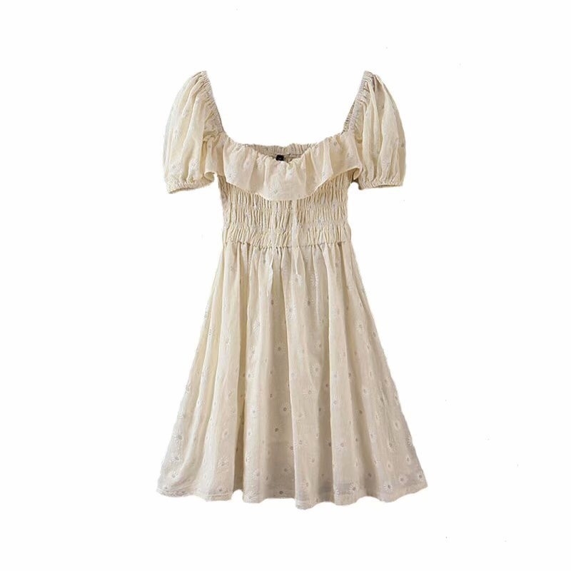 Sweet Princess Summer Women French Pleated Ruched Elastic Waist Ruffles Daisy Flower Print Puff Sleeve Mini Short Dress 210429