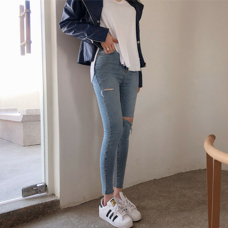 Casual High Waist Light Blue Ripped Jeans for Women Autumn Skinny Pencil Pants Denim Mujer 10406 210508