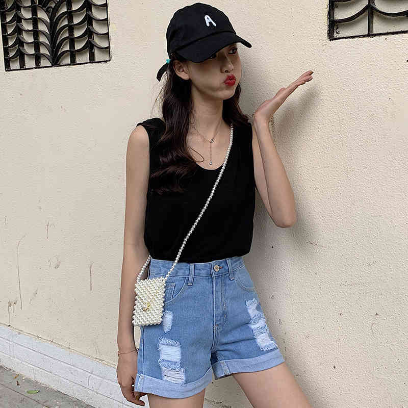 Summer Blue Vintage Casual Short Jeans Ladies High-Waist Crimping Denim Shorts Korean Hole Wild Pants Women 9354 50 210415