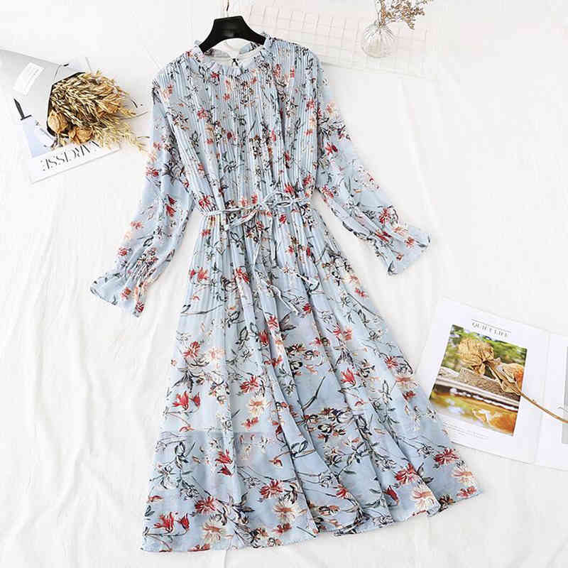 Vintage Long Sleeve Women Dress Spring Summer Floral Print Chiffon Pleated Dress Ruffled Long Dresses Plus Size Vestidos 210521