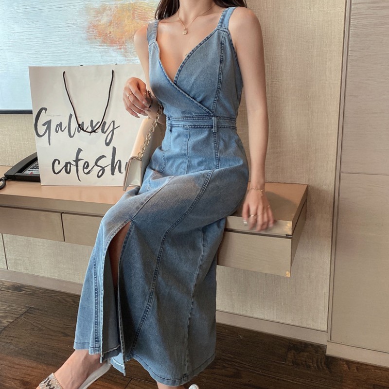 Denim Solid Dress Women Summer Korean Sexy V-Neck Spaghetti Strap Elegant High Waist Bodycon Slim Long Dresses Vestidos 210519