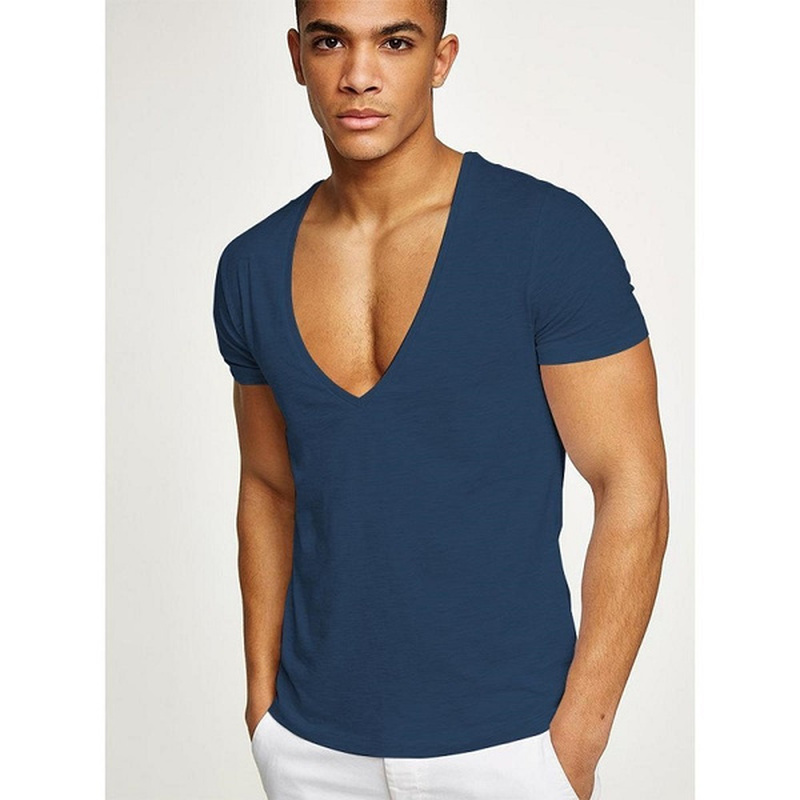 T Shirts Men Deep V Neck Short Sleeve Tshirts Summer Streetwear Casual Solid Slim Polyester Tees Gym Fitness Boxing T Shirt Tops