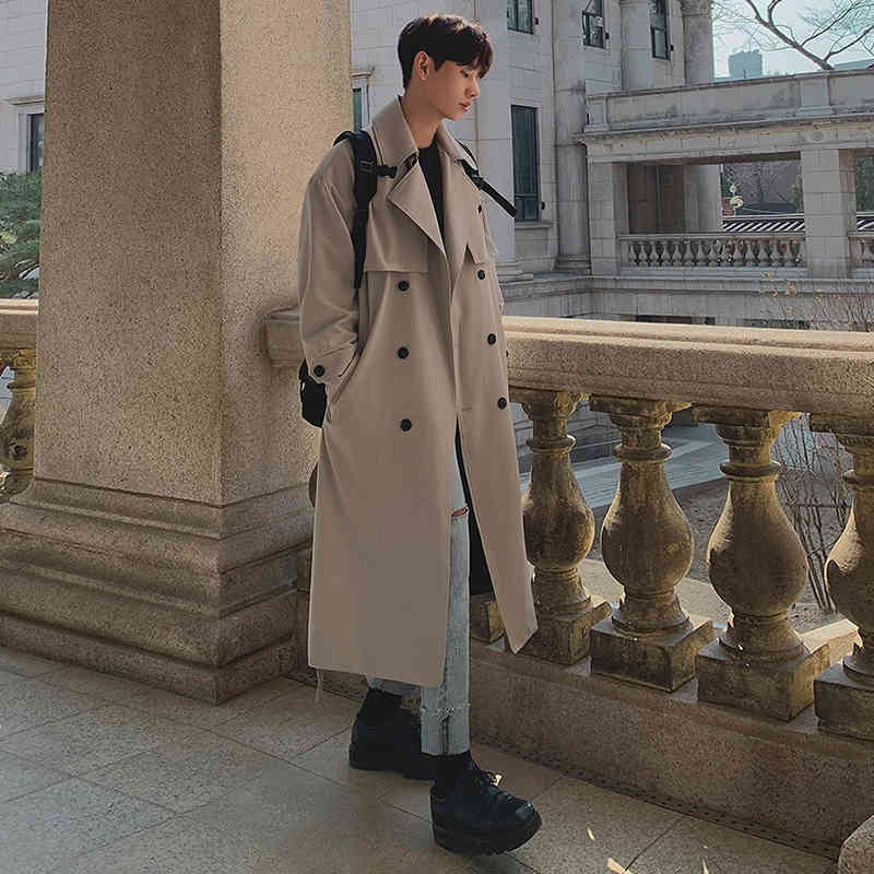 IEFB Men's Wear Spring Fashion Double Breasted Clothes Male Long Coat Loose Overcoat Trend Handsome Casual Windbreak 210524