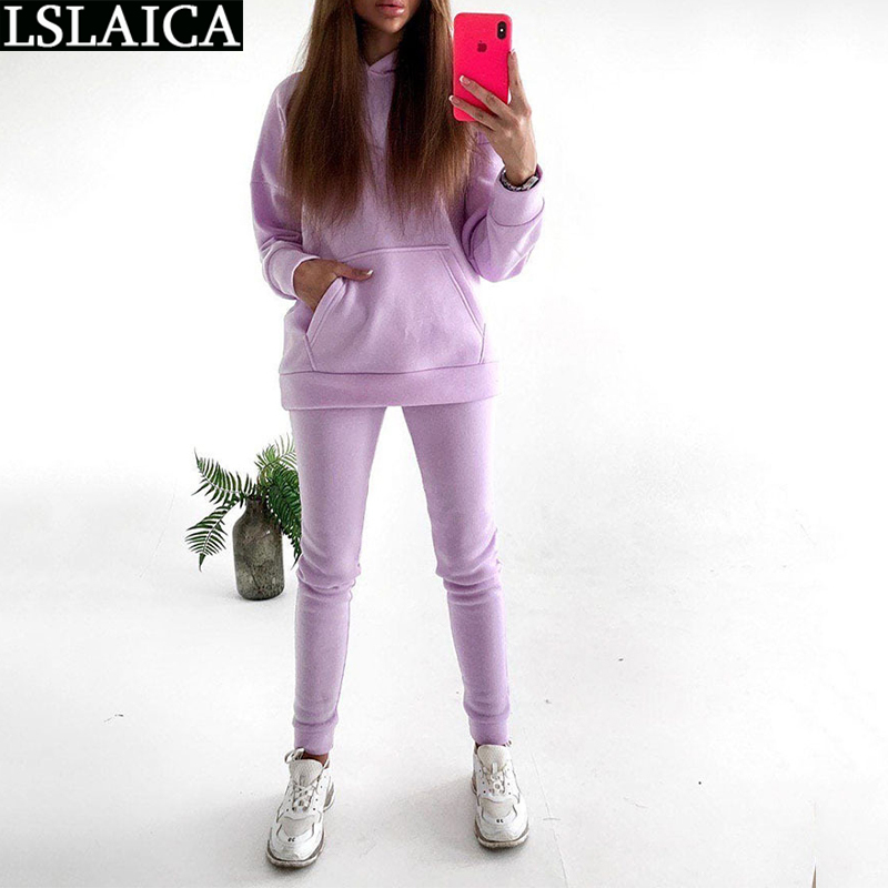 Casual Tracksuit Women Two Piece Set Hooded Long Sleeve Pocket Tops Full Length Pants Autumn Solid Sportswear Clothing 210520