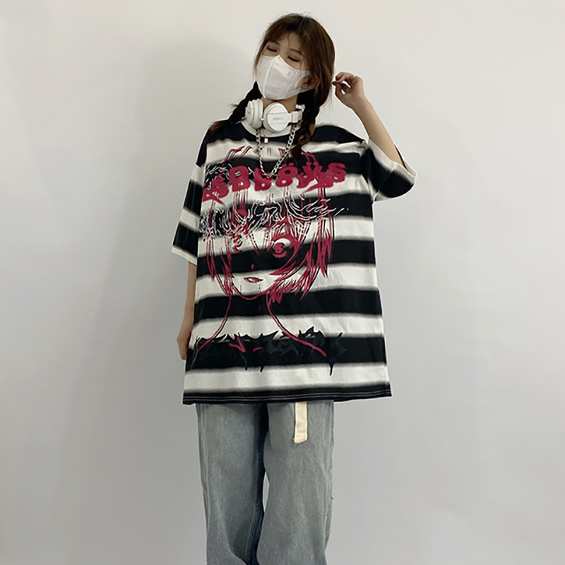 Harajuku Cartoon Print Tops Women's Summer Round Neck Large Size Short Sleeve Striped T-shirt Female 5C309 210427