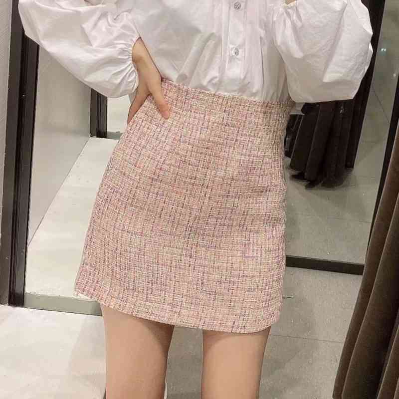 sweet women tweed a-line skirts summer fashion ladies elegant high waist female pink mini girls chic 210430